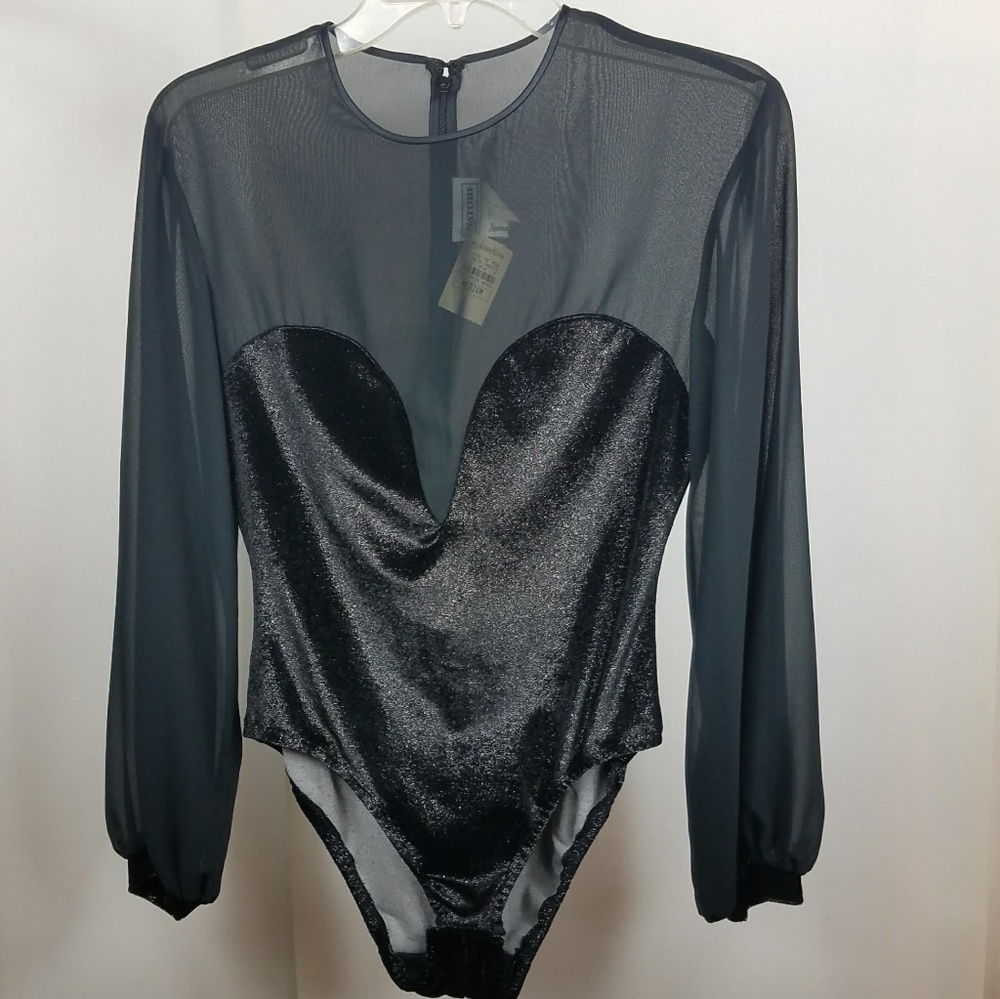 Natori Women's Black Sheer Long Sleeve Bodysuit M